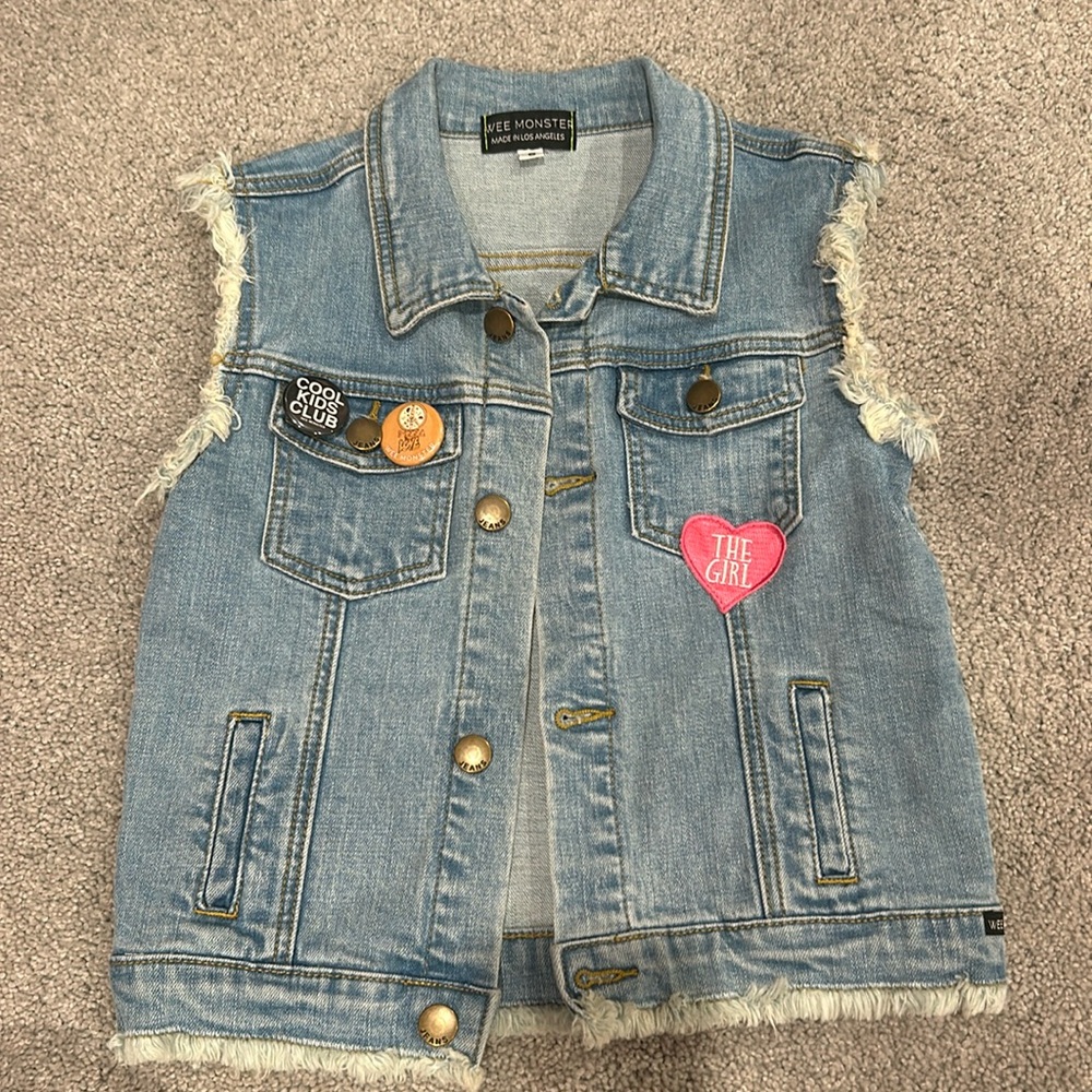 Wee Monster denim vest size 8 with patches and pins